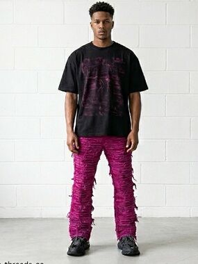 Politics Magenta Pink Heavily Distressed Shredded Stacked Jeans Mens Size 38